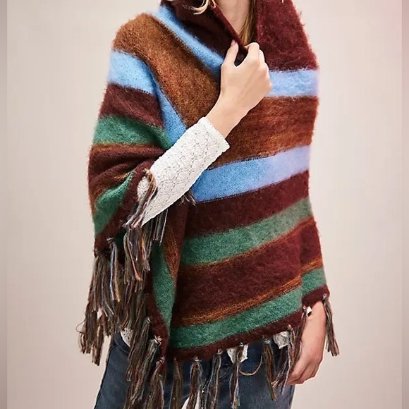 NWT🤎Free People Striped Turtleneck Poncho One Size - Picture 3 of 8